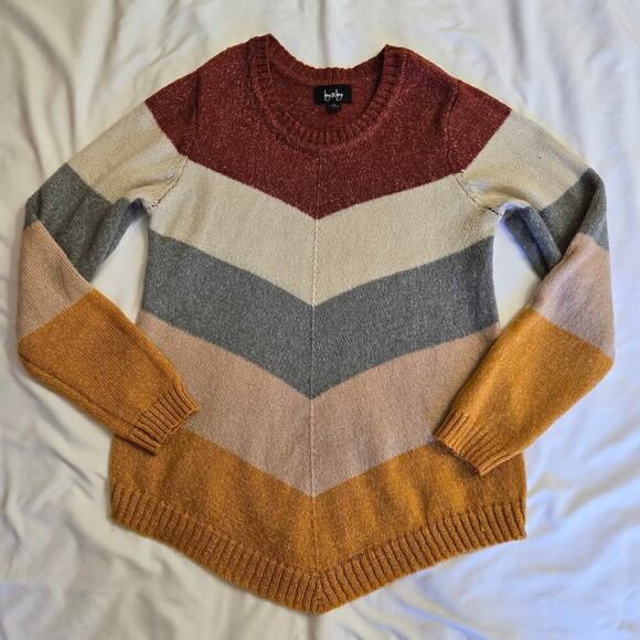 By & By Knit Crewneck Sweater Large Rainbow Retro Chevron Cozy Asymmetrical Hem - Picture 1 of 11